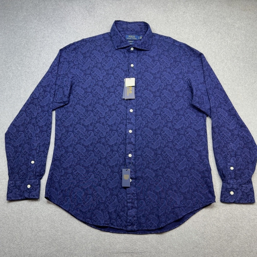 Polo Ralph Lauren Shirt Mens Large Blue Paisley Indigo Long Sleeve Button Soft